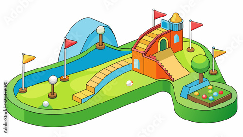 A mini golf course This fun object is a compact version of a traditional golf course with colorful obstacles tunnels and ramps. Its perfect for all. Cartoon Vector