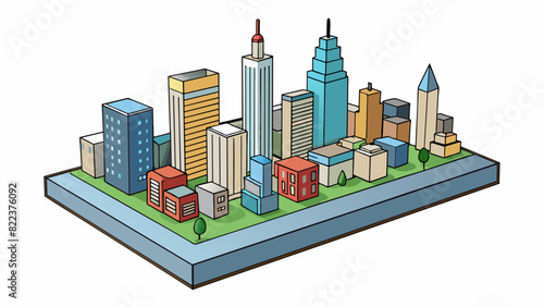 A miniature model of a city next to a real city skyline illustrating the immense scale of the buildings and structures in the real city.. Cartoon Vector