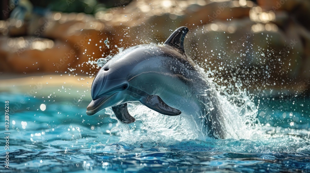 Fototapeta premium A playful dolphin leaping out of the water, its body gleaming in the sunlight, as it performs a spectacular acrobatic display.