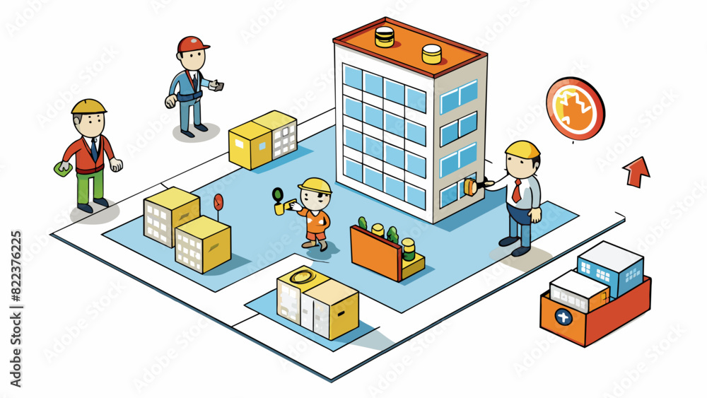 An emergency evacuation plan for an office building The plan includes clearly marked evacuation routes and designated meeting points outside the. Cartoon Vector