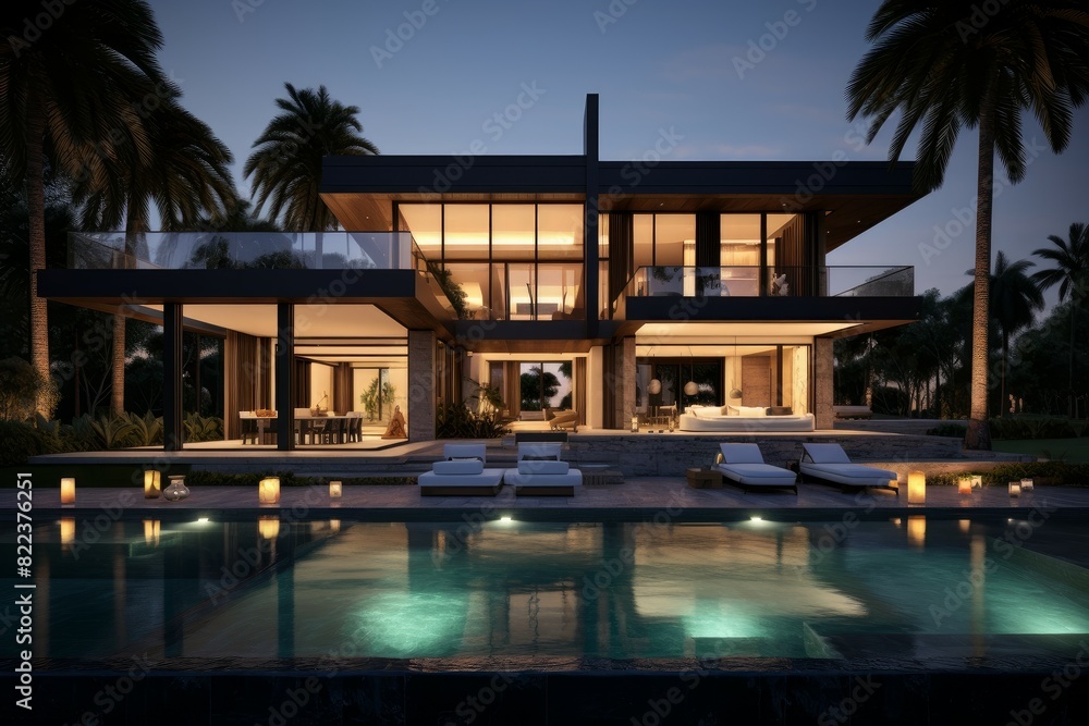 Elegant contemporary home exterior with illuminated poolside, surrounded by palm trees at dusk