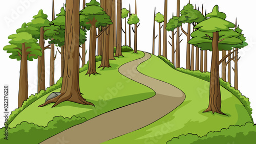 A narrow winding trail through a dense forest with tall mosscovered trees towering overhead. The ground is covered in thick layers of fallen leaves. Cartoon Vector