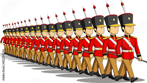 An army of synchronized soldiers marching in a parade with precise movements and straight posture displaying discipline and unity.. Cartoon Vector