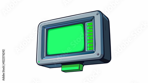 An electronic screen mounted on a wall displaying scrolling text in bright green letters on a black background. The screen is touch sensitive and. Cartoon Vector