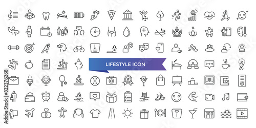 Lifestyle icon collection. Related to healthy lifestyle, diet, exercise, sleep, relationships, running, routine, self-care, culture and hobbies icons. Line icon set.