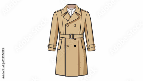An elegant and timeless trench coat with a subtle herringbone pattern and a classic khaki color. The coat has a doubleed front and a long length. Cartoon Vector
