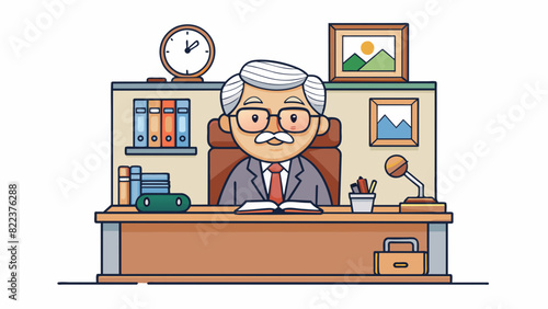 An oldfashioned principal seated behind a cluttered desk in a small office adorned with motivational posters. Their thickrimmed glasses and the sound. Cartoon Vector photo