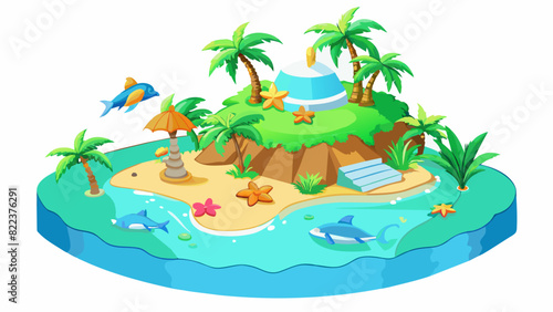 An exotic island getaway You arrive at a remote island surrounded by sparkling turquoise waters. Palm trees sway in the warm breeze and white sand. Cartoon Vector