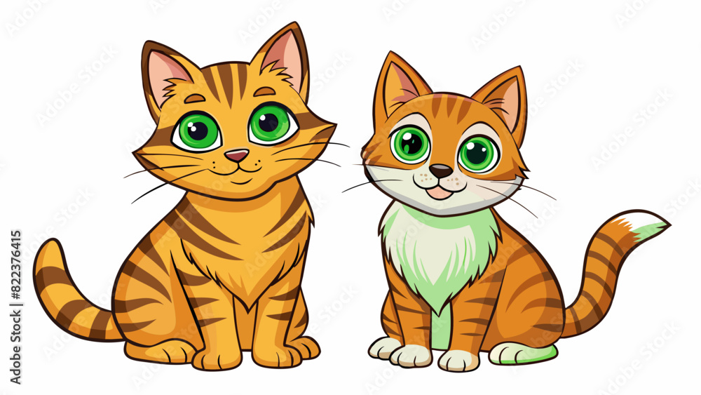 A pair of friendly tabby cats The first has a short shiny coat and big golden eyes while the second has a longer fluffy coat and deep green eyes. They. Cartoon Vector A pair of friendly tabby cats The first has a short shiny coat and big golden eyes while the second has a longer fluffy coat and deep green eyes. They. Cartoon Vector