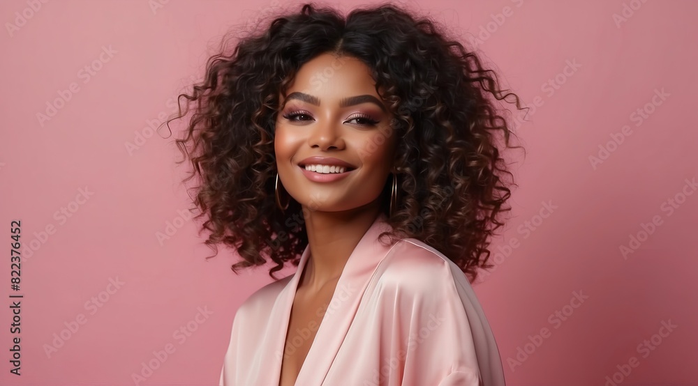 Beautiful attractive black woman model with curly hair smiling isolated over pink background Beautiful attractive black woman model with curly hair smiling isolated over pink background