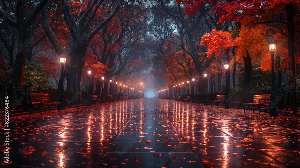 Night scene in the park, rain is falling, autumn with red and orange leaves on the trees