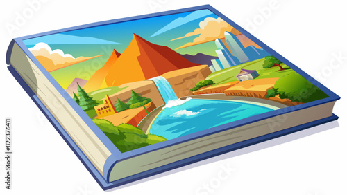 An oversized coffee table book featuring glossy photographs of stunning landscapes from around the world. The cover showcases a breathtaking sunset. Cartoon Vector