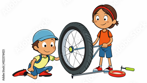 A pair of strong calloused hands expertly fixing a bicycle tire much to the joy of his eager child whos patiently waiting to ride again.. Cartoon Vector