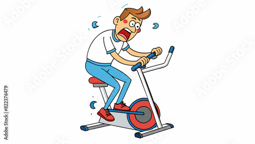A person on a stationary bike pedaling furiously while sweat drips down their face. The bike has adjustable resistance levels and the persons heart. Cartoon Vector