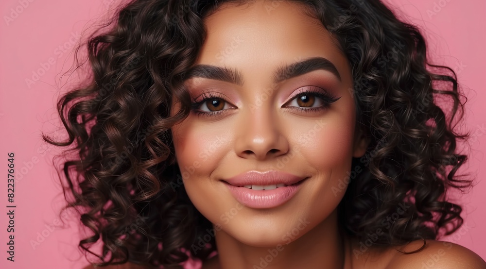 Beautiful attractive black woman model with curly hair smiling isolated over pink background Beautiful attractive black woman model with curly hair smiling isolated over pink background