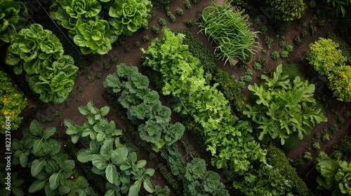 High-angle image of a vegetable patch, capturing the symmetry and lushness of the garden beds. photo