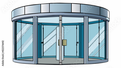 A revolving door in a large office building designed to allow people to enter and exit simultaneously. The door has multiple glass panels and rotates. Cartoon Vector