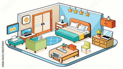 A review of a hotel The room was spacious and clean with modern decor and comfortable furnishings. The amenities provided were topnotch including. Cartoon Vector