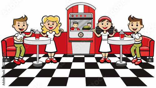 A retro diner theme with black and white checkered floors red vinyl booths and a jukebox playing 50s hits. The menu features classic dishes like. Cartoon Vector