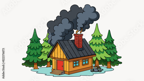 A raging inferno engulfing a wooden cabin in the forest clouds of thick black smoke billowing into the air. The fire roars with immense power. Cartoon Vector