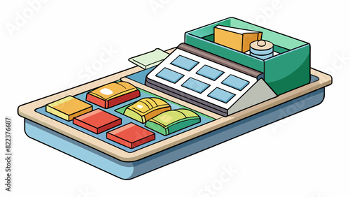 A plastic tray with designated compartments situated on a tray return belt in a cafeteria. The tray has sections for different types of dishes such as. Cartoon Vector