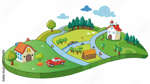 A road trip through the countryside As you drive through the countryside rolling hills and sprawling fields fill the horizon. Trees of various shades. Cartoon Vector
