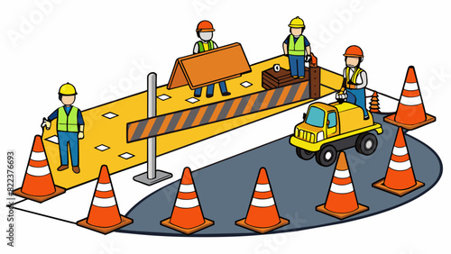 A road construction site with traffic cones and barricades creating a detour. The workers are wearing bright vests and hard hats and are using heavy. Cartoon Vector