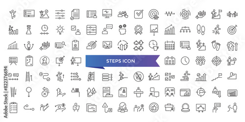 Steps icon collection. Related to stairs, footprint, progress, step by step, roadmap, process, walk and more. Line vector icons set.