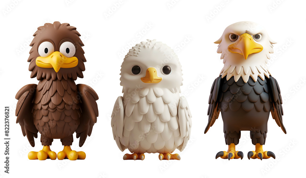Cute Chibi Cartoon Collection: 3D Rendered Eagle, Bird, Hawk, Animal, Isolated on Transparent Background, PNG Cute Chibi Cartoon Collection: 3D Rendered Eagle, Bird, Hawk, Animal, Isolated on Transparent Background, PNG