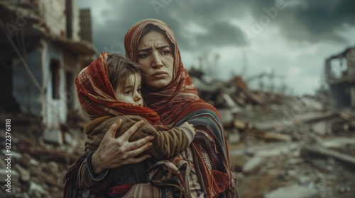 Resilient mother and child in war torn area. Human courage and survival.