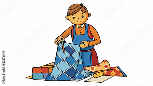 A seamstress piecing together different sections of fabric to create a garment carefully aligning the edges and sewing them together. Each fabric has. Cartoon Vector