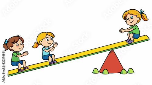 A seesaw sits evenly on the ground with two children sitting on opposite ends. As one child pushes off the ground the other rises upwards finding. Cartoon Vector