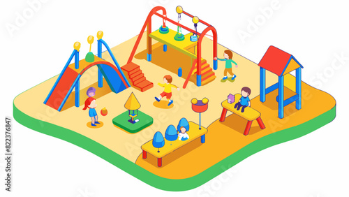 A section of a playground filled with a variety of play equipment. There are swings slides climbing structures and a sandbox all in vibrant primary. Cartoon Vector