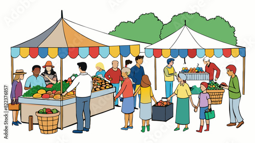 A section of a farmers market bustling with activity. Colorful tents are set up displaying fresh produce baked goods and homemade crafts. The air is. Cartoon Vector