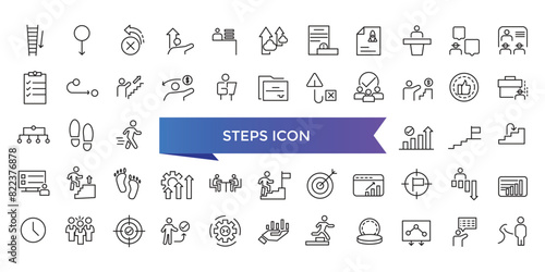 Steps icon collection. Related to stairs, footprint, progress, step by step, roadmap, process, walk and more. Line vector icons set.
