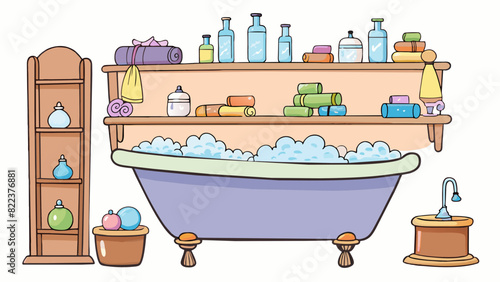 A serene spa with dim lighting and calming music playing in the background. Soft fluffy towels are neatly folded on a wooden shelf next to rows of. Cartoon Vector