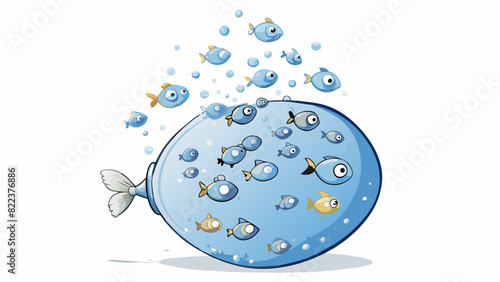 A shimmering bubble growing larger and larger until it suddenly pops releasing a of tiny fish into the calm sparkling water. They swim in unison. Cartoon Vector