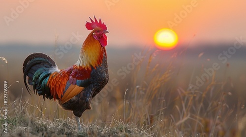 A proud rooster crowing at the break of dawn, its feathers ruffled and chest puffed out, as it announces the start of a new day.