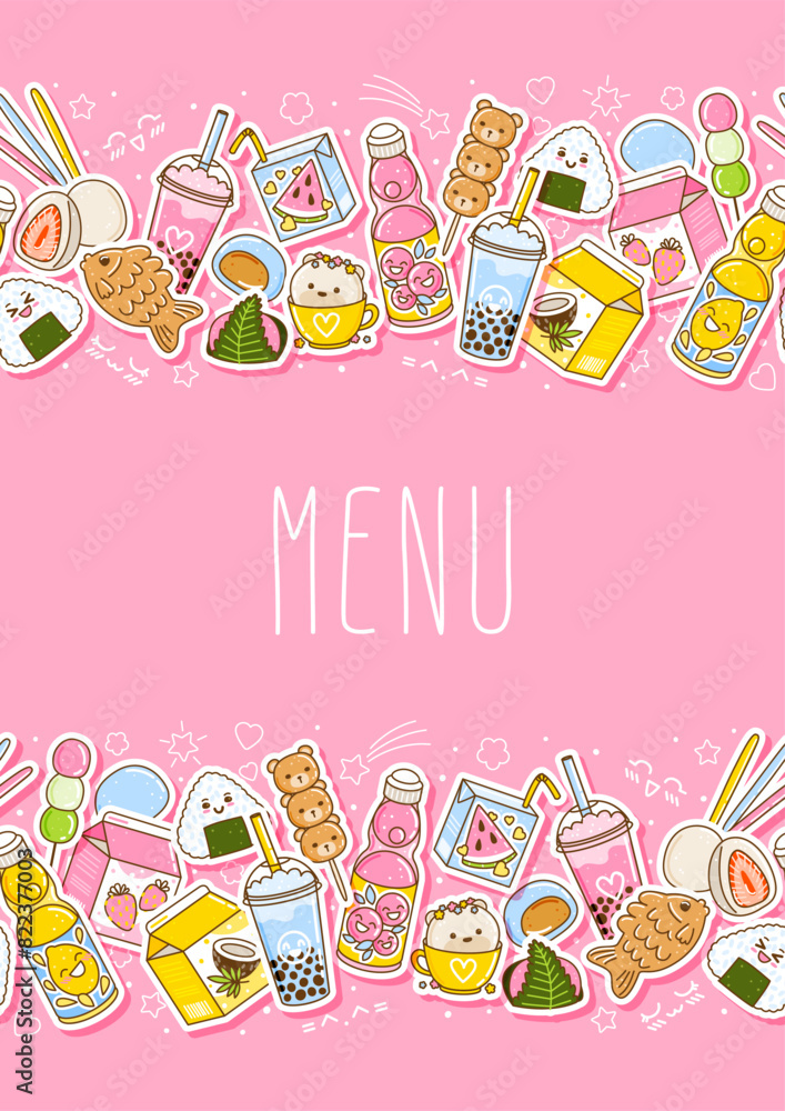 Verical banner with cute asian food stickers - cartoon illustration of ...