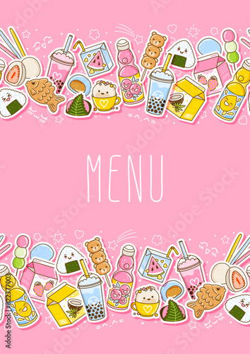 Verical banner with cute asian food stickers - cartoon illustration of traditional japanese sweets and drinks for Your kawaii design