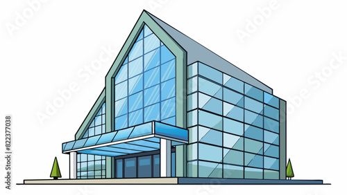 A sleek modern structure made entirely of glass and steel with sharp angles and clean lines. The structure seems to be a highrise office building with. Cartoon Vector