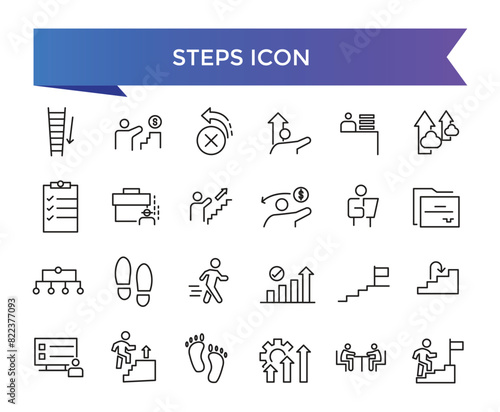 Steps icon collection. Related to stairs, footprint, progress, step by step, roadmap, process, walk and more. Line vector icons set.
