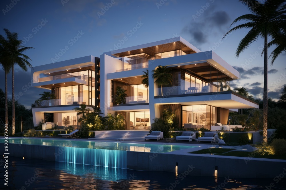 Elegant, contemporary villa illuminated at dusk with a tranquil pool and landscaped garden