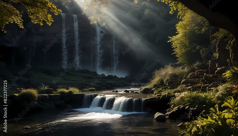 Obraz premium Garden of Eden, sun, moon, waterfall. Generative AI, Generative, AI