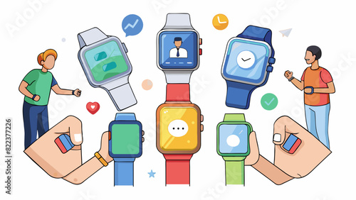 A social media campaign showcasing a series of sleek and modern smarches in different trendy colors. The watches are displayed on the wrists of a. Cartoon Vector