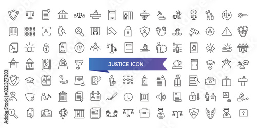 Justice icon collection. Related to justice law, court legal, lawyer, judgment, authority, criminal and prison icons set.