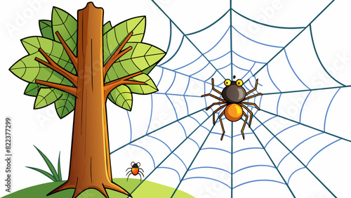 A spiders web spanning across two trees glistening in the sunlight. In the center of the web a fat fly is tangled in the sticky threads unable to. Cartoon Vector