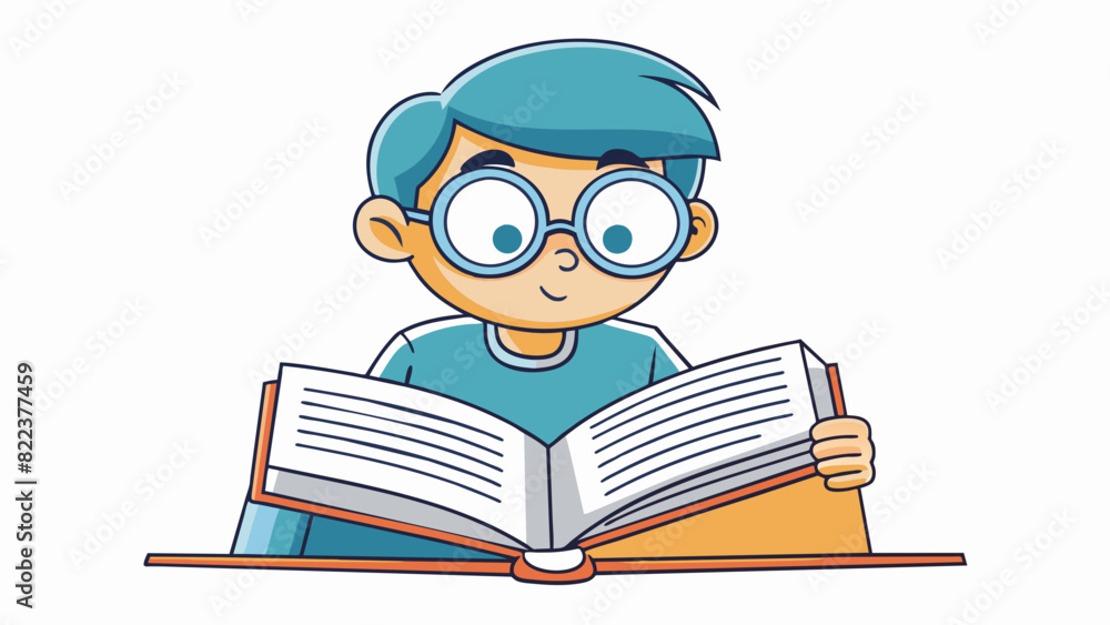 A student intently studying a textbook with their eyes focused on a highlighted sentence and their hand steadying their place on the page.. Cartoon Vector A student intently studying a textbook with their eyes focused on a highlighted sentence and their hand steadying their place on the page.. Cartoon Vector