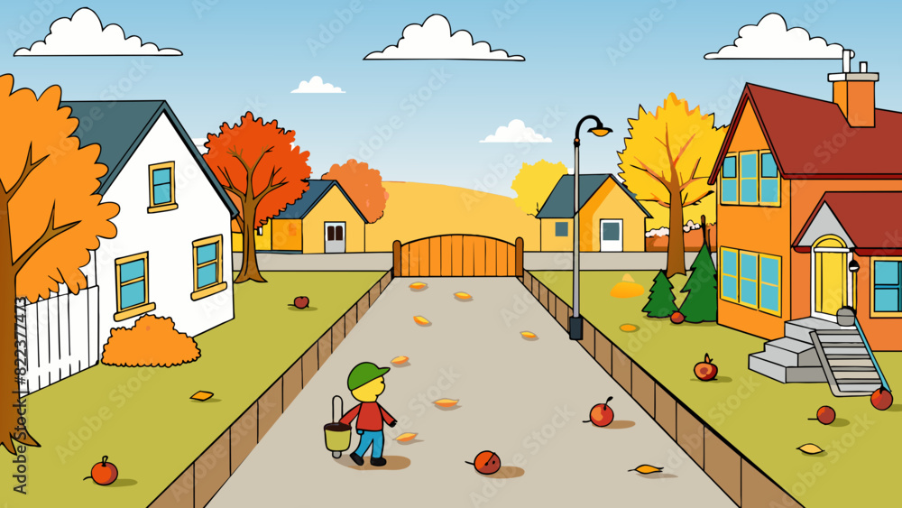 A suburban street on a crisp fall day with colorful leaves covering the ground and pumpkins adorning the stoops of houses. The sound of childrens. Cartoon Vector
