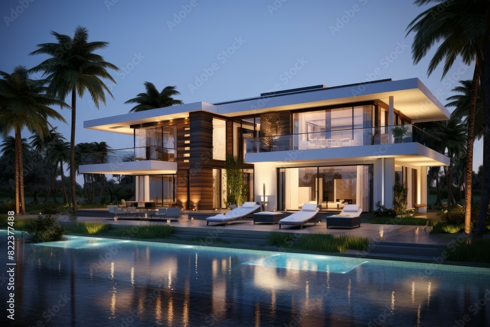 Fototapeta premium Elegant contemporary home exterior illuminated at dusk with a pool and palm trees